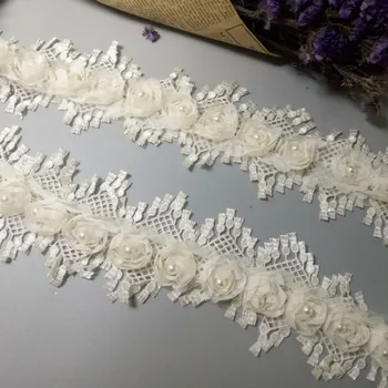2 Kieme Dramblio kaulo 8cm Pearl 3D Gėlių Kutas Nėriniai Apdailos Juostelės Audinio Siuvinėtos Aplikacijos, Siuvimo Amato Vestuvių Suknelė Drabužius