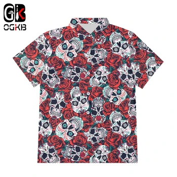 OGKB ES Dydžio 3D Atspausdintas Kaukolė Gėlių Mygtuką Shirt Cool vyriški trumpomis Rankovėmis Marškinėliai, Unisex Vasaros Hiphop Streetwear Plius Dydžio Marškinėliai